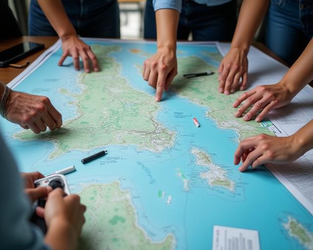 Team som planlegger et båtrace på et kart.